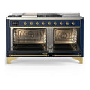 ILVE Majestic III 60-inch Dual Fuel Range with 5 Liquid Propane Burner, Griddle, French Top and Triple Glass Door Electric Oven in Blue Grey with Brass Trim (UM60FSNR3MBGLP)