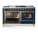 ILVE Majestic III 60-inch Dual Fuel Range with 5 Liquid Propane Burner, Griddle, French Top and Triple Glass Door Electric Oven in Blue Grey with Brass Trim (UM60FSNR3MBGLP)