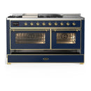 ILVE Majestic III 60-inch Dual Fuel Range with 5 Liquid Propane Burner, Griddle, French Top and Triple Glass Door Electric Oven in Blue Grey with Brass Trim (UM60FSNR3MBGLP)