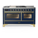ILVE Majestic III 60-inch Dual Fuel Range with 7 Natural Gas Burner, Griddle, French Top and Triple Glass Door Electric Oven in Blue Grey with Brass Trim (UM60FSNR3MBG)