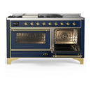 ILVE Majestic III 60-inch Dual Fuel Range with 7 Natural Gas Burner, Griddle, French Top and Triple Glass Door Electric Oven in Blue Grey with Brass Trim (UM60FSNR3MBG)