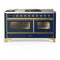 ILVE Majestic III 60-inch Dual Fuel Range with 7 Natural Gas Burner, Griddle, French Top and Triple Glass Door Electric Oven in Blue Grey with Brass Trim (UM60FSNR3MBG)