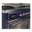 ILVE Majestic III 60-inch Dual Fuel Range with 5 Liquid Propane Burner, Griddle, French Top and Triple Glass Door Electric Oven in Midnight Blue with Copper Trim (UM60FSNR3MBPLP)