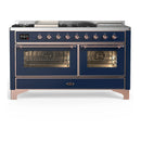 ILVE Majestic III 60-inch Dual Fuel Range with 7 Natural Gas Burner, Griddle, French Top and Triple Glass Door Electric Oven in Midnight Blue with Copper Trim (UM60FSNR3MBP)