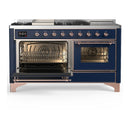 ILVE Majestic III 60-inch Dual Fuel Range with 7 Natural Gas Burner, Griddle, French Top and Triple Glass Door Electric Oven in Midnight Blue with Copper Trim (UM60FSNR3MBP)