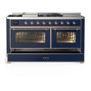 ILVE Majestic III 60-inch Dual Fuel Range with 7 Natural Gas Burner, Griddle, French Top and Triple Glass Door Electric Oven in Midnight Blue with Copper Trim (UM60FSNR3MBP)