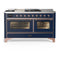 ILVE Majestic III 60-inch Dual Fuel Range with 7 Natural Gas Burner, Griddle, French Top and Triple Glass Door Electric Oven in Midnight Blue with Copper Trim (UM60FSNR3MBP)