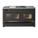 ILVE Majestic III 60-inch Dual Fuel Range with 5 Liquid Propane Burner, Griddle, French Top and Triple Glass Door Electric Oven in Graphite Matte with Burnished Trim (UM60FSNR3MGBLP)