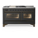 ILVE Majestic III 60-inch Dual Fuel Range with 7 Natural Gas Burner, Griddle, French Top and Triple Glass Door Electric Oven in Graphite Matte with Burnished Trim (UM60FSNR3MGB)