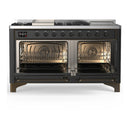 ILVE Majestic III 60-inch Dual Fuel Range with 7 Natural Gas Burner, Griddle, French Top and Triple Glass Door Electric Oven in Graphite Matte with Burnished Trim (UM60FSNR3MGB)