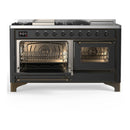 ILVE Majestic III 60-inch Dual Fuel Range with 7 Natural Gas Burner, Griddle, French Top and Triple Glass Door Electric Oven in Graphite Matte with Burnished Trim (UM60FSNR3MGB)