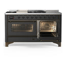 ILVE Majestic III 60-inch Dual Fuel Range with 7 Natural Gas Burner, Griddle, French Top and Triple Glass Door Electric Oven in Graphite Matte with Burnished Trim (UM60FSNR3MGB)