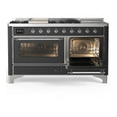 ILVE Majestic III 60-inch Dual Fuel Range with 7 Natural Gas Burner, Griddle, French Top and Triple Glass Door Electric Oven in Graphite Matte with Chrome Trim (UM60FSNR3MGC)