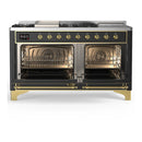 ILVE Majestic III 60-inch Dual Fuel Range with 7 Natural Gas Burner, Griddle, French Top and Triple Glass Door Electric Oven in Graphite Matte with Brass Trim (UM60FSNR3MGG)