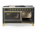 ILVE Majestic III 60-inch Dual Fuel Range with 7 Natural Gas Burner, Griddle, French Top and Triple Glass Door Electric Oven in Graphite Matte with Brass Trim (UM60FSNR3MGG)