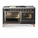 ILVE Majestic III 60-inch Dual Fuel Range with 7 Natural Gas Burner, Griddle, French Top and Triple Glass Door Electric Oven in Graphite Matte with Copper Trim (UM60FSNR3MGP)