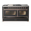 ILVE Majestic III 60-inch Dual Fuel Range with 7 Natural Gas Burner, Griddle, French Top and Triple Glass Door Electric Oven in Graphite Matte with Copper Trim (UM60FSNR3MGP)