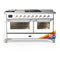 ILVE Majestic III 60-inch Dual Fuel Range with 7 Natural Gas Burner, Griddle, French Top and Triple Glass Door Electric Oven in RAL with Chrome Trim (UM60FSNR3RAC)