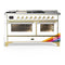 ILVE Majestic III 60-inch Dual Fuel Range with 7 Natural Gas Burner, Griddle, French Top and Triple Glass Door Electric Oven in RAL with Brass Trim (UM60FSNR3RAG)