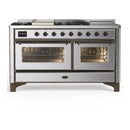 ILVE Majestic III 60-inch Dual Fuel Range with 7 Natural Gas Burner, Griddle, French Top and Triple Glass Door Electric Oven in Stainless Steel with Burnished Trim (UM60FSNR3SSB)