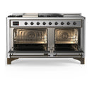 ILVE Majestic III 60-inch Dual Fuel Range with 7 Natural Gas Burner, Griddle, French Top and Triple Glass Door Electric Oven in Stainless Steel with Burnished Trim (UM60FSNR3SSB)