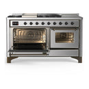 ILVE Majestic III 60-inch Dual Fuel Range with 7 Natural Gas Burner, Griddle, French Top and Triple Glass Door Electric Oven in Stainless Steel with Burnished Trim (UM60FSNR3SSB)