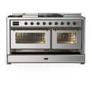 ILVE Majestic III 60-inch Dual Fuel Range with 7 Natural Gas Burner, Griddle, French Top and Triple Glass Door Electric Oven in Stainless Steel with Burnished Trim (UM60FSNR3SSB)