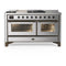 ILVE Majestic III 60-inch Dual Fuel Range with 7 Natural Gas Burner, Griddle, French Top and Triple Glass Door Electric Oven in Stainless Steel with Burnished Trim (UM60FSNR3SSB)