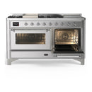 ILVE Majestic III 60-inch Dual Fuel Range with 7 Natural Gas Burner, Griddle, French Top and Triple Glass Door Electric Oven in Stainless Steel with Chrome Trim (UM60FSNR3SSC)