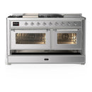 ILVE Majestic III 60-inch Dual Fuel Range with 7 Natural Gas Burner, Griddle, French Top and Triple Glass Door Electric Oven in Stainless Steel with Chrome Trim (UM60FSNR3SSC)