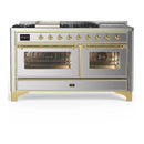 ILVE Majestic III 60-inch Dual Fuel Range with 7 Natural Gas Burner, Griddle, French Top and Triple Glass Door Electric Oven in Stainless Steel with Brass Trim (UM60FSNR3SSG)
