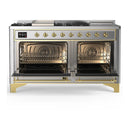 ILVE Majestic III 60-inch Dual Fuel Range with 7 Natural Gas Burner, Griddle, French Top and Triple Glass Door Electric Oven in Stainless Steel with Brass Trim (UM60FSNR3SSG)