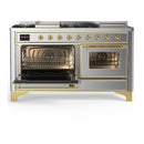 ILVE Majestic III 60-inch Dual Fuel Range with 7 Natural Gas Burner, Griddle, French Top and Triple Glass Door Electric Oven in Stainless Steel with Brass Trim (UM60FSNR3SSG)