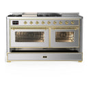 ILVE Majestic III 60-inch Dual Fuel Range with 7 Natural Gas Burner, Griddle, French Top and Triple Glass Door Electric Oven in Stainless Steel with Brass Trim (UM60FSNR3SSG)
