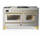 ILVE Majestic III 60-inch Dual Fuel Range with 7 Natural Gas Burner, Griddle, French Top and Triple Glass Door Electric Oven in Stainless Steel with Brass Trim (UM60FSNR3SSG)