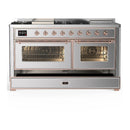 ILVE Majestic III 60-inch Dual Fuel Range with 7 Natural Gas Burner, Griddle, French Top and Triple Glass Door Electric Oven in Stainless Steel with Copper Trim (UM60FSNR3SSP)