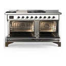 ILVE Majestic III 60-inch Dual Fuel Range with 5 Liquid Propane Burner, Griddle, French Top and Triple Glass Door Electric Oven in White with Burnished Trim (UM60FSNR3WHBLP)