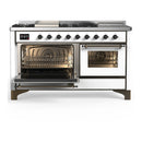 ILVE Majestic III 60-inch Dual Fuel Range with 5 Liquid Propane Burner, Griddle, French Top and Triple Glass Door Electric Oven in White with Burnished Trim (UM60FSNR3WHBLP)