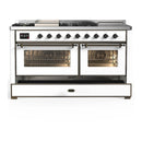 ILVE Majestic III 60-inch Dual Fuel Range with 5 Liquid Propane Burner, Griddle, French Top and Triple Glass Door Electric Oven in White with Burnished Trim (UM60FSNR3WHBLP)