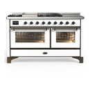ILVE Majestic III 60-inch Dual Fuel Range with 7 Natural Gas Burner, Griddle, French Top and Triple Glass Door Electric Oven in White with Burnished Trim (UM60FSNR3WHB)