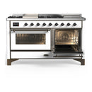 ILVE Majestic III 60-inch Dual Fuel Range with 7 Natural Gas Burner, Griddle, French Top and Triple Glass Door Electric Oven in White with Burnished Trim (UM60FSNR3WHB)