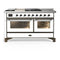 ILVE Majestic III 60-inch Dual Fuel Range with 7 Natural Gas Burner, Griddle, French Top and Triple Glass Door Electric Oven in White with Burnished Trim (UM60FSNR3WHB)