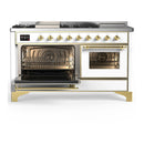 ILVE Majestic III 60-inch Dual Fuel Range with 5 Liquid Propane Burner, Griddle, French Top and Triple Glass Door Electric Oven in White with Brass Trim (UM60FSNR3WHGLP)