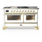 ILVE Majestic III 60-inch Dual Fuel Range with 5 Liquid Propane Burner, Griddle, French Top and Triple Glass Door Electric Oven in White with Brass Trim (UM60FSNR3WHGLP)