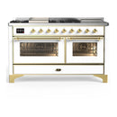 ILVE Majestic III 60-inch Dual Fuel Range with 7 Natural Gas Burner, Griddle, French Top and Triple Glass Door Electric Oven in White with Brass Trim (UM60FSNR3WHG)