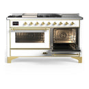 ILVE Majestic III 60-inch Dual Fuel Range with 7 Natural Gas Burner, Griddle, French Top and Triple Glass Door Electric Oven in White with Brass Trim (UM60FSNR3WHG)