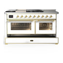ILVE Majestic III 60-inch Dual Fuel Range with 7 Natural Gas Burner, Griddle, French Top and Triple Glass Door Electric Oven in White with Brass Trim (UM60FSNR3WHG)