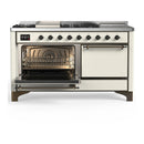 ILVE Majestic III 60-inch Dual Fuel Range with 5 Liquid Propane Burner, Griddle, French Top and Solid Door Electric Oven in Antique White with Burnished Trim (UM60FSQNR3AWBLP)