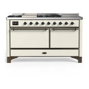 ILVE Majestic III 60-inch Dual Fuel Range with 7 Natural Gas Burner, Griddle, French Top and Solid Door Electric Oven in Antique White with Burnished Trim (UM60FSQNR3AWB)