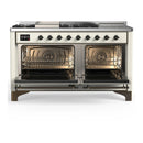 ILVE Majestic III 60-inch Dual Fuel Range with 7 Natural Gas Burner, Griddle, French Top and Solid Door Electric Oven in Antique White with Burnished Trim (UM60FSQNR3AWB)